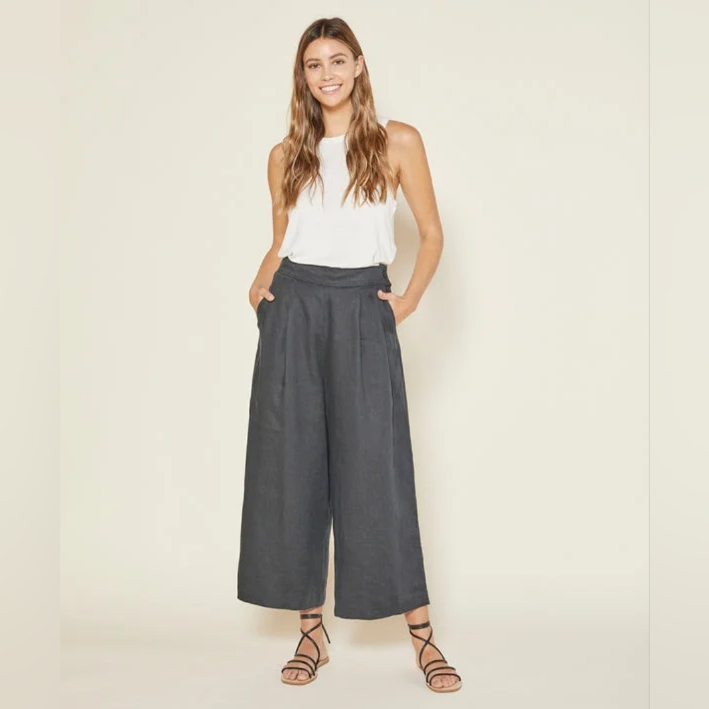 Outerknown Eclipse Black Linen Wide Leg Cropped Highrise Pants Size 8